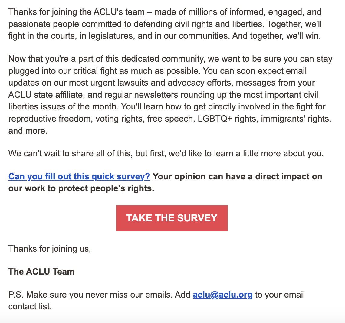 ACLU welcome email